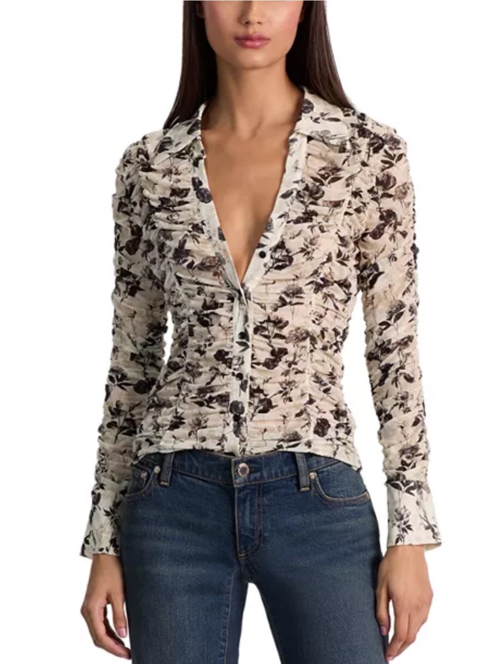NWT Alice and Olivia
Portia Mesh Ruched Blouse